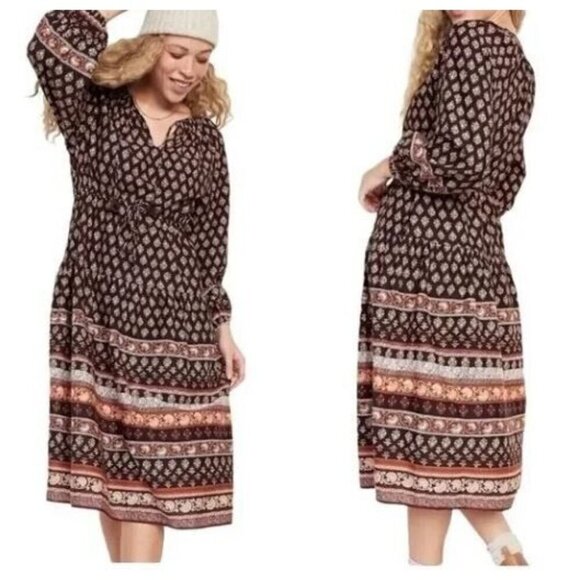 Old Navy Dress Womens XXL Brown Floral Waist Defined Tiered Poet Midi Peasant - Picture 1 of 7